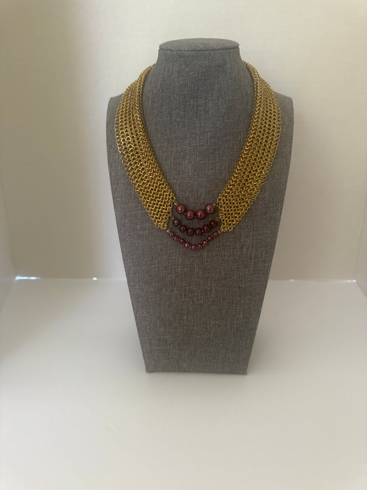 Gold Mesh w/Burgundy Pearl Necklace