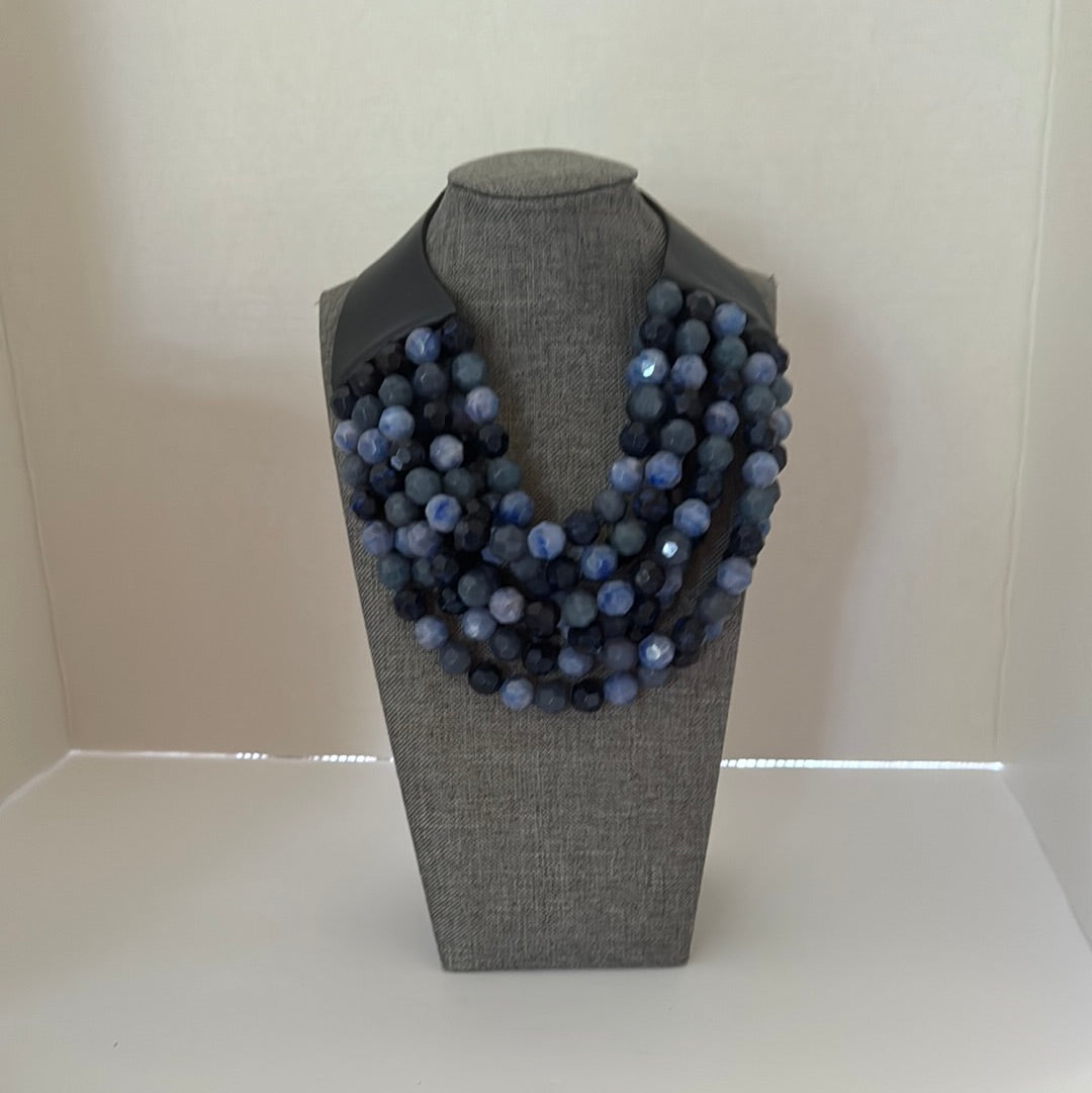 Beaded Necklace- Dark/light blue- leather strap