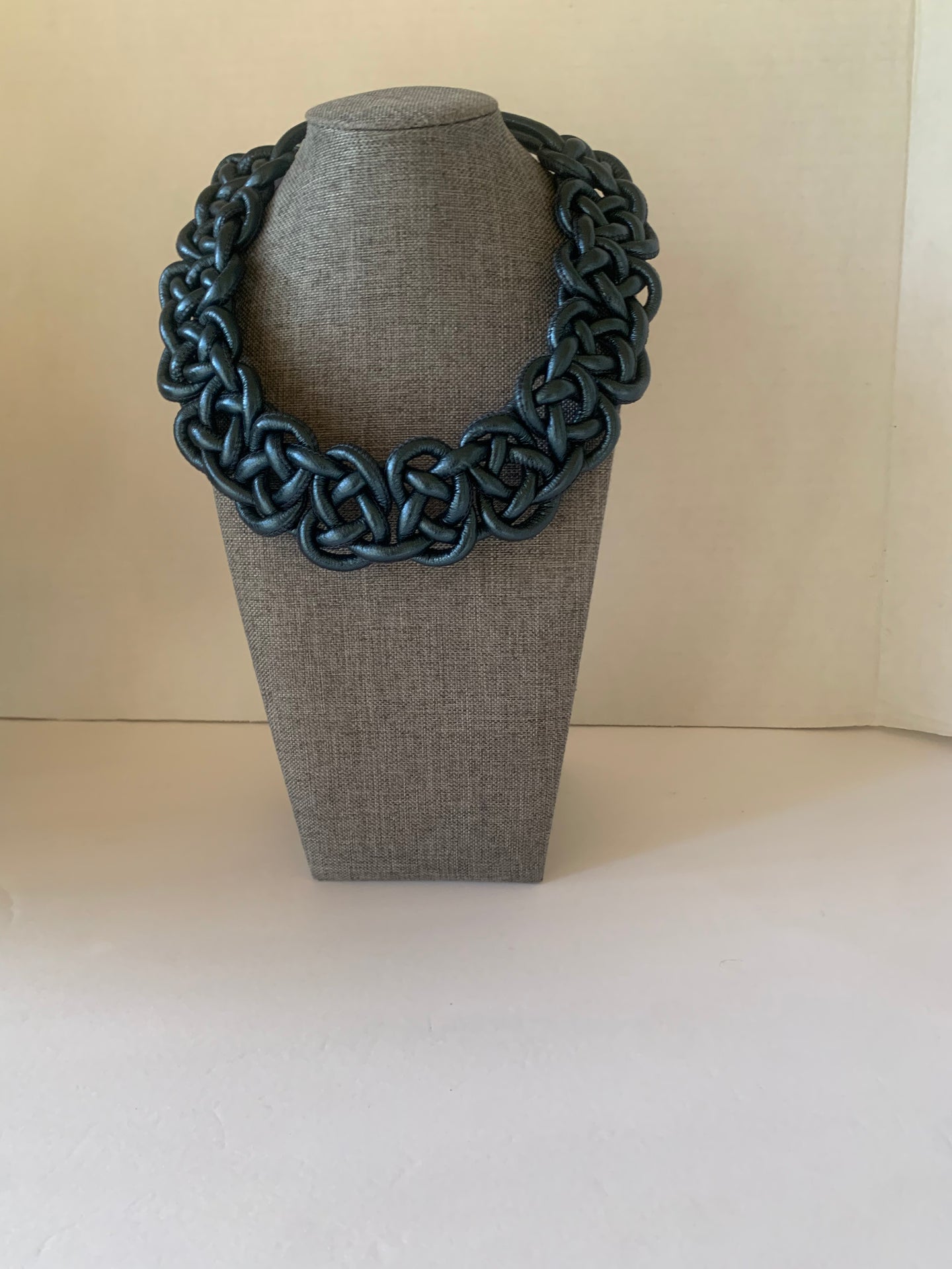 Metallic Blue-Leather Woven Necklace W Magnetic Closure- Black Color