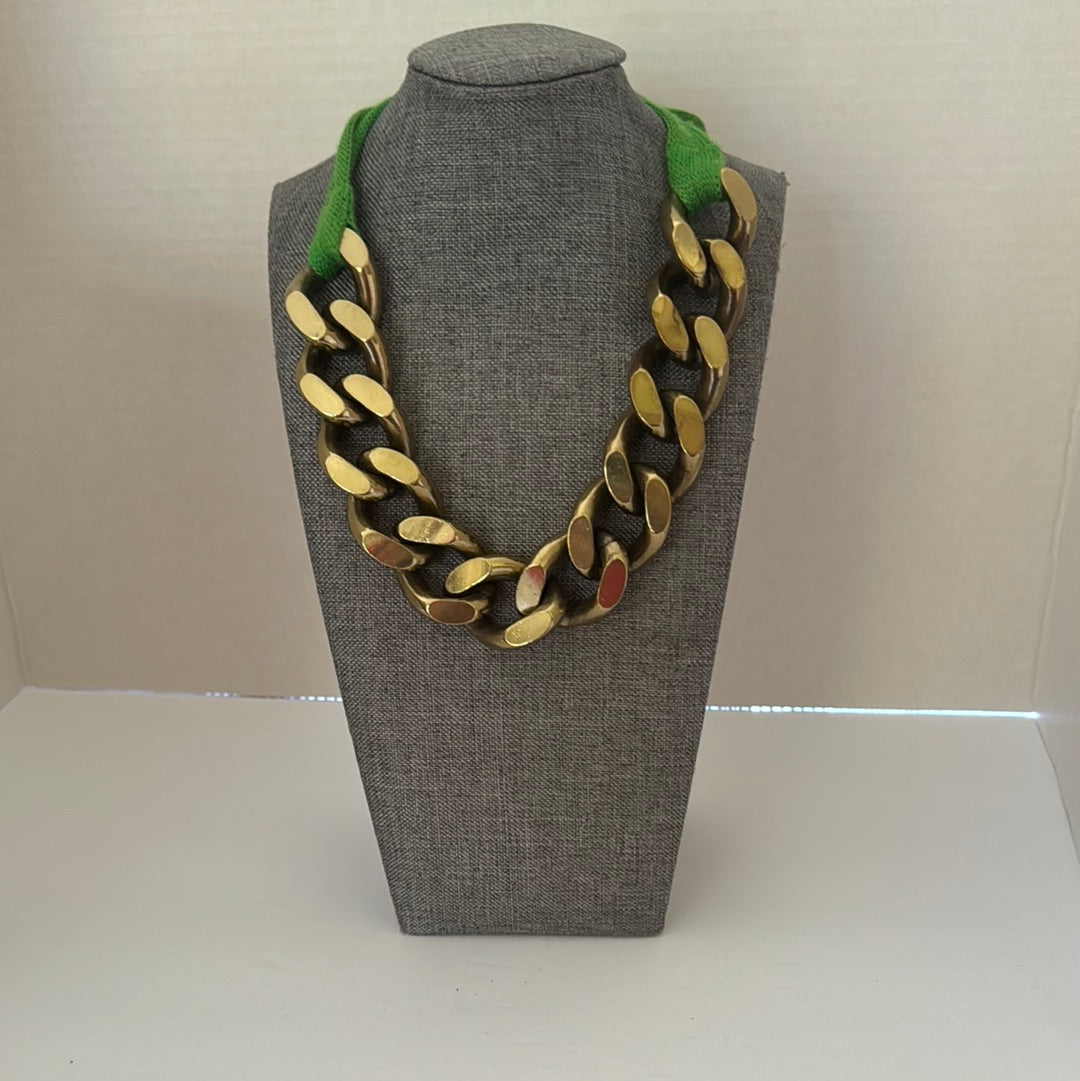 Gold Chain on Green Cashmere Necklace
