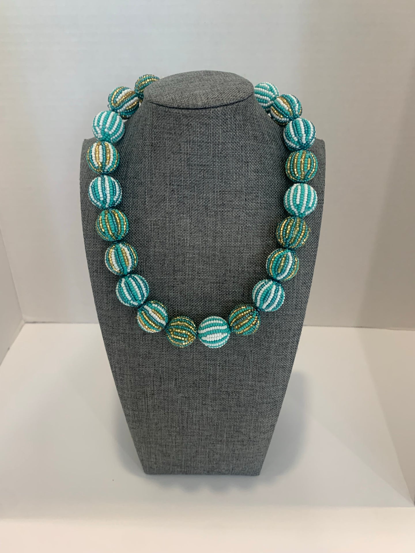 Glass Beaded Necklace- Turquoise/White/ Gold