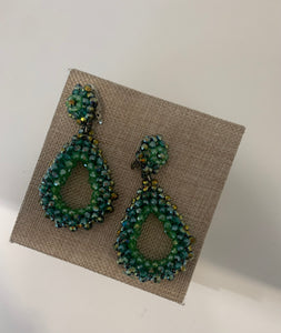 Handmade Crystal Clip on Earrings-Green
