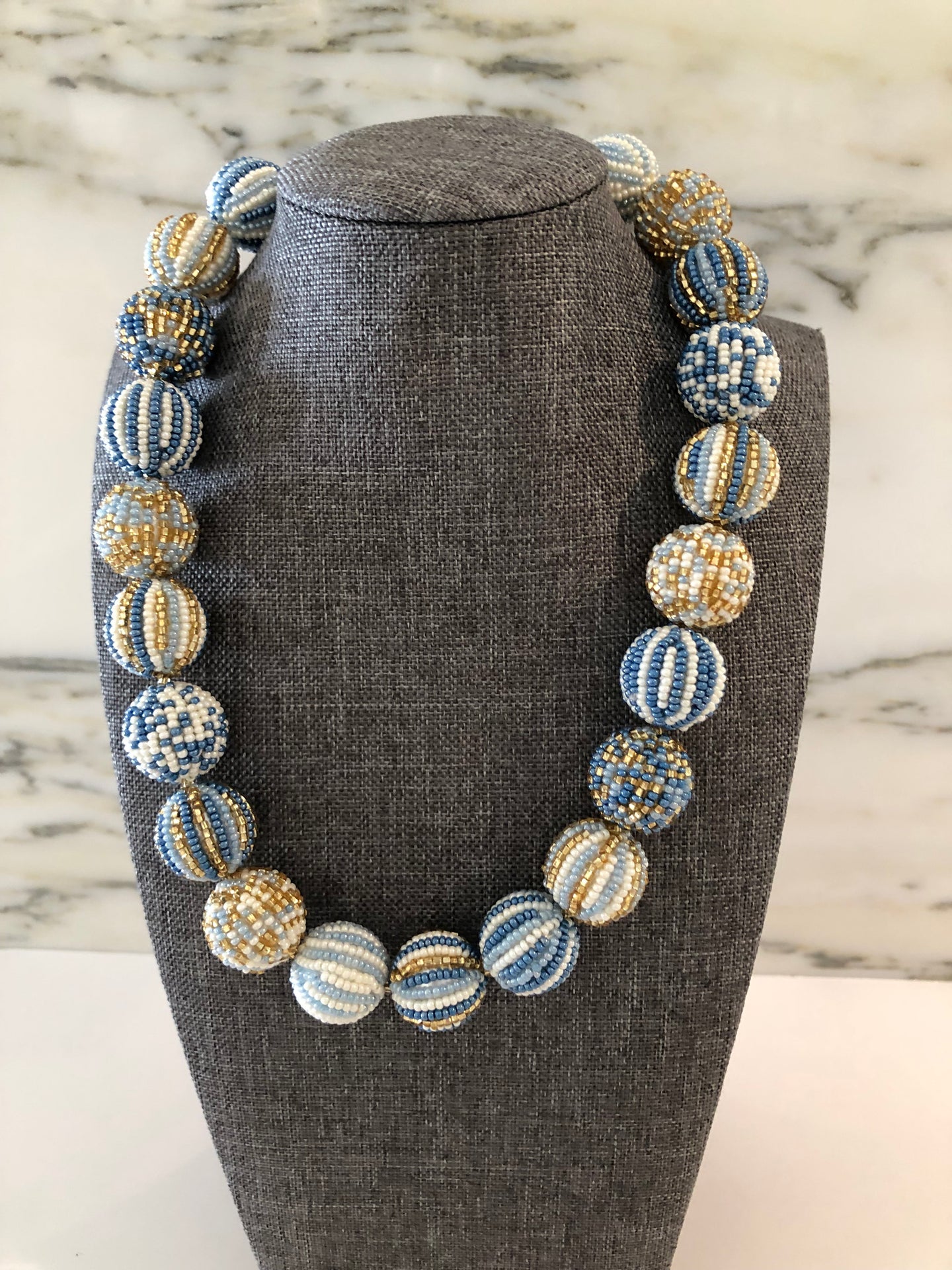 Glass Beaded Necklace- Blue/Gold (Big Beads)
