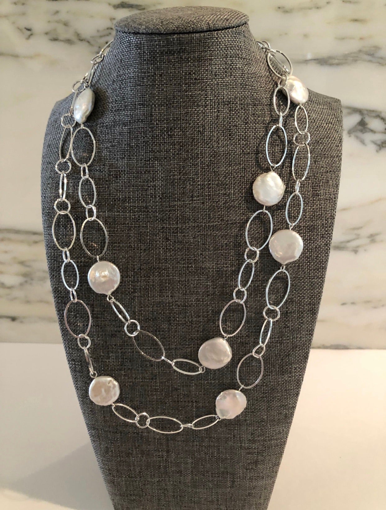 Flat Coin Pearls w Silver Chain (can be doubled)