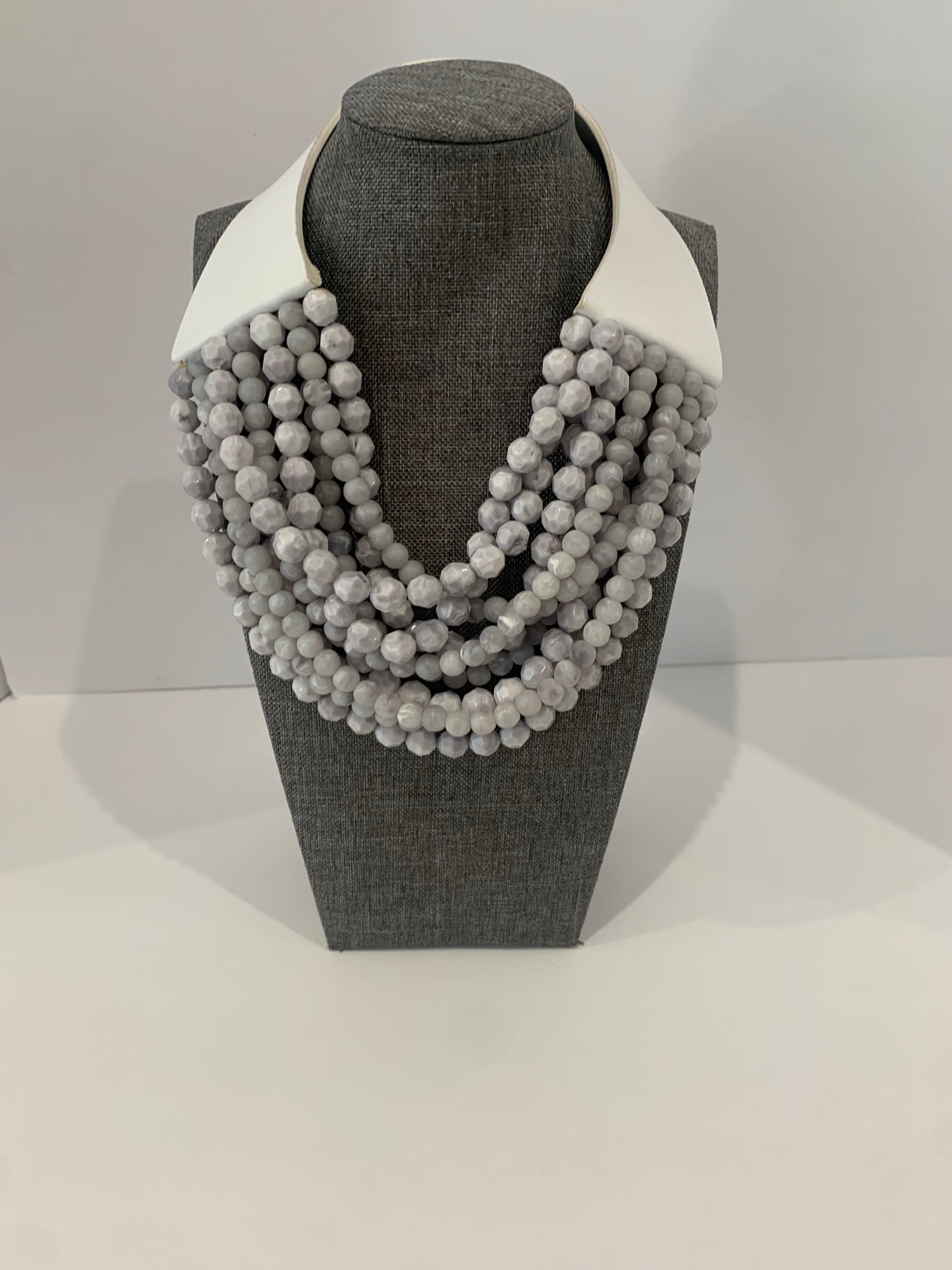Beaded Necklace- Leather Strap- (Grey)