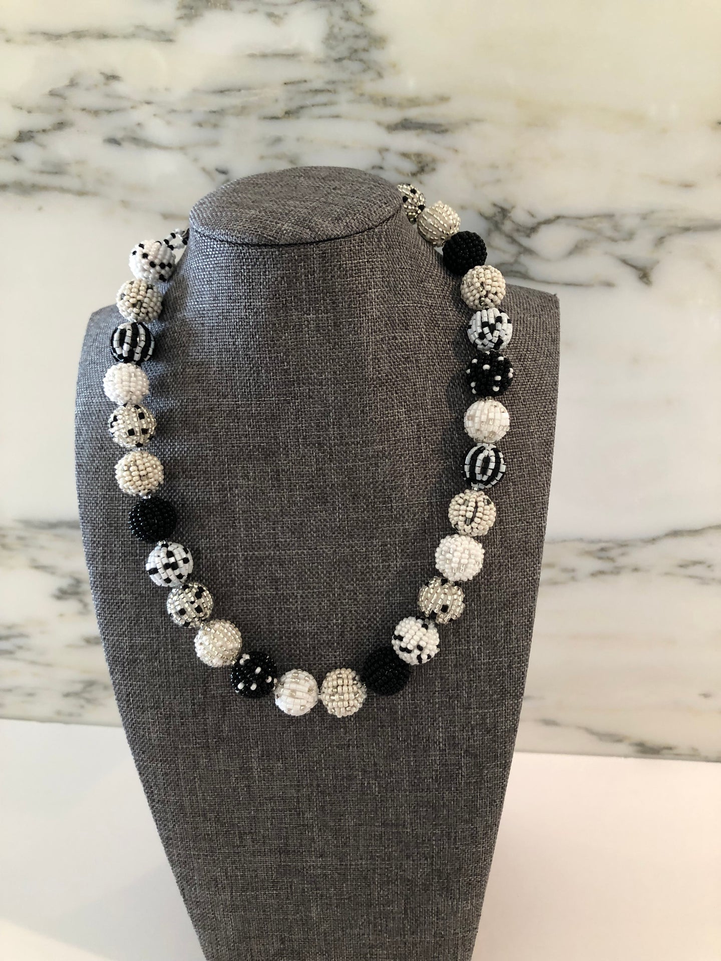 Glass Beaded Necklace- Black & White (Small Beads)